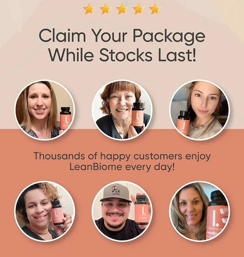 Collage of happy LeanBiome customers holding their supplement bottles with five-star rating