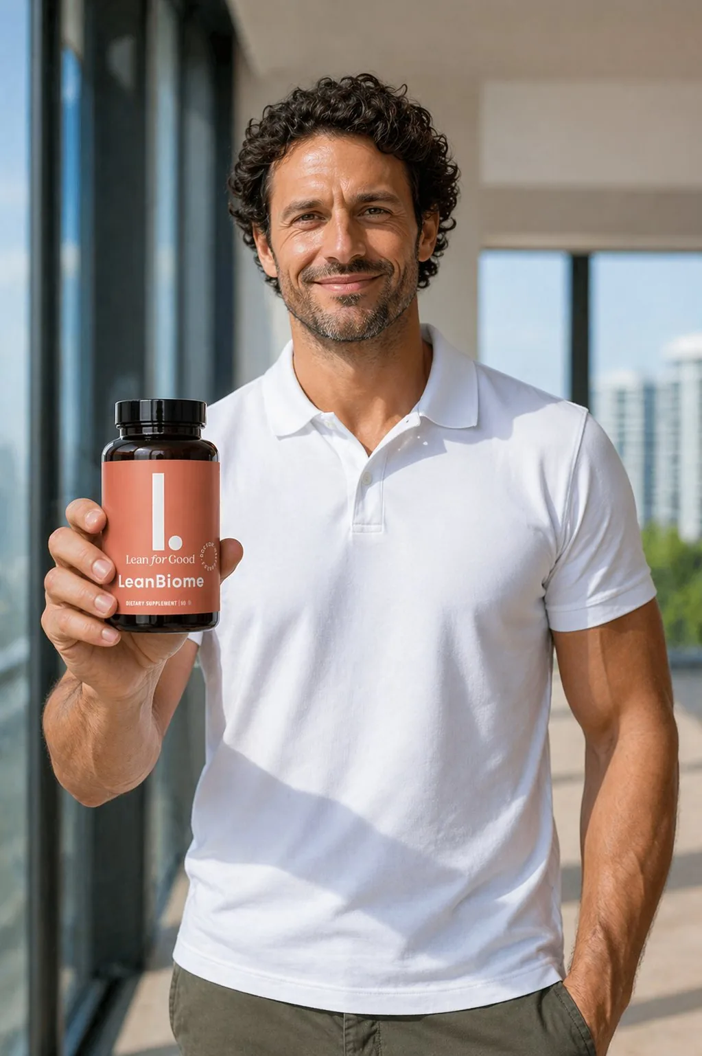 Man holding a LeanBiome bottle outdoors on a sunny day